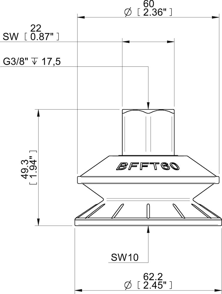 Piab Suction cup BFFT60P-2 Polyurethane 60/60/30 G3/8 female with mesh filter 17 mm thread