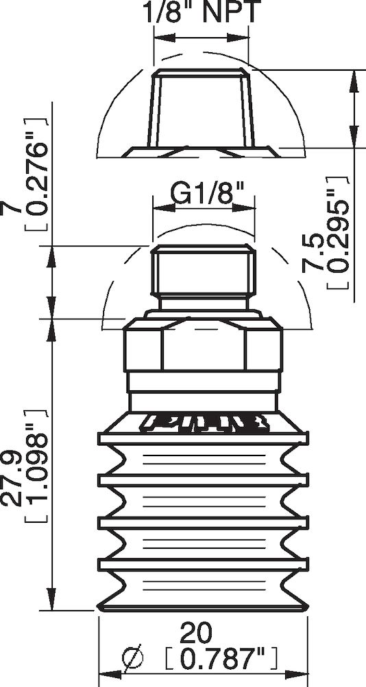 Piab Suction cup BL20-2 Silicone, G1/8 male, with mesh filter and dual flow control valve
