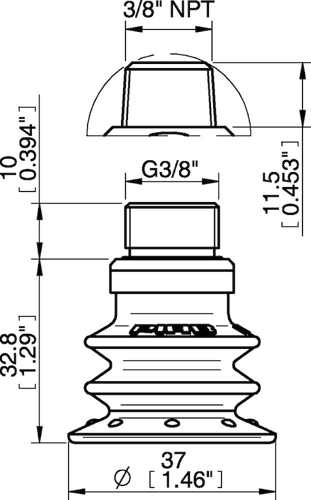 Piab Suction cup BX35P Polyurethane 60 with filter, 3/8 NPT male, with dual flow control valve