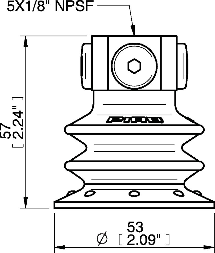 Piab Suction cup BX52P Polyurethane 60 with filter, 5x1/8 NPSF female, with dual flow control valve