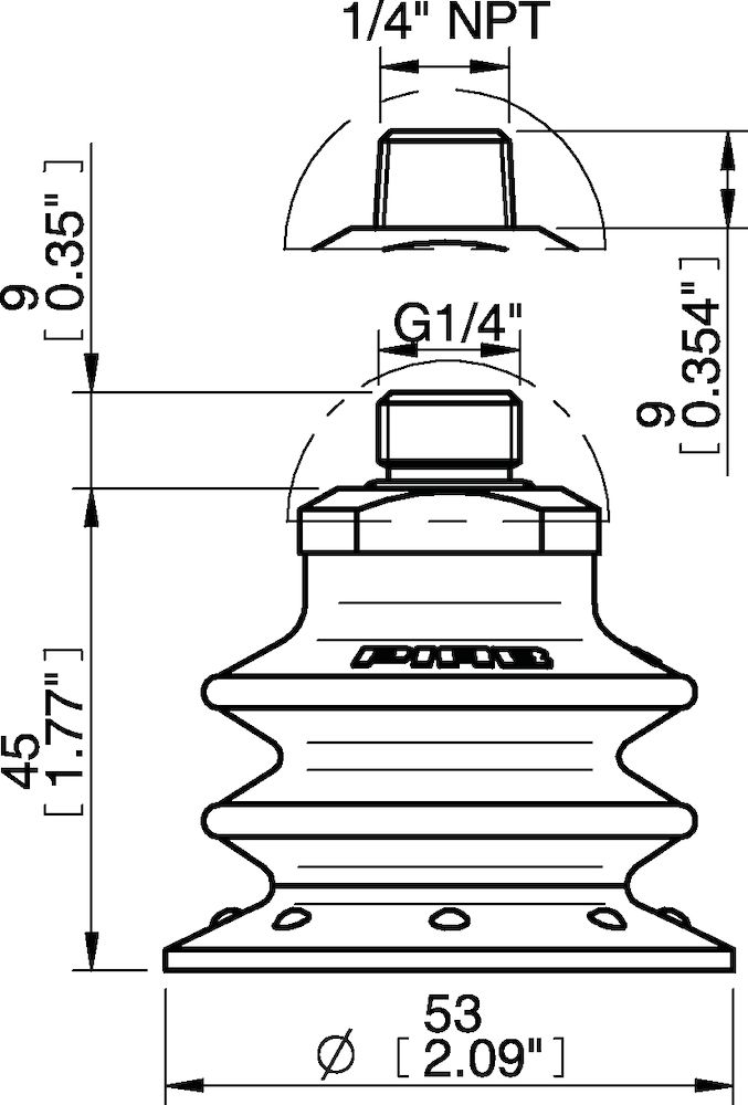 Piab Suction cup BX52P Polyurethane 30/60 with filter, 1/4 NPT male, with dual flow control valve