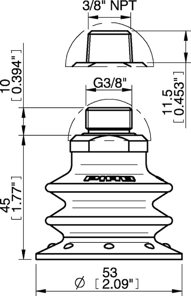 Piab Suction cup BX52P Polyurethane 30/60 with filter, 3/8 NPT male, with dual flow control valve